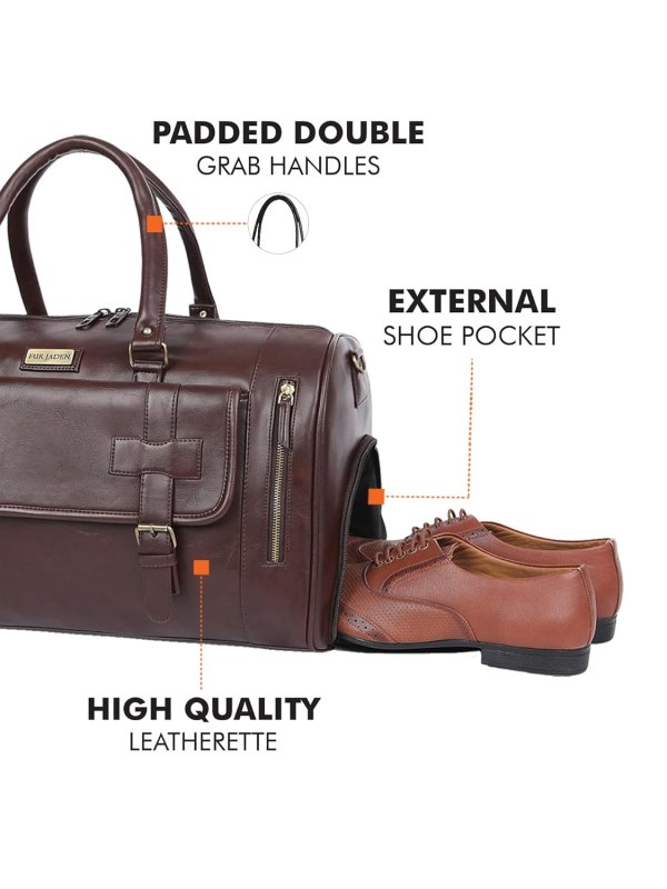Fur Jaden Weekender Premium Duffle Bag with Shoe Pocket for Travel for Men and Women Made of Faux Leather with Attachable Shoulder Strap Cabin Holiday Bag (Brown)