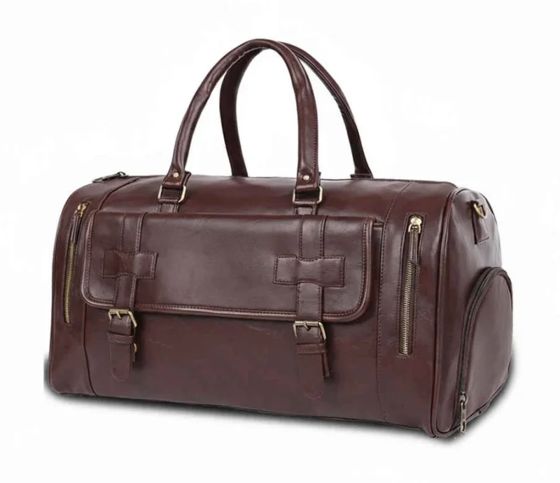 Fur Jaden Weekender Premium Duffle Bag with Shoe Pocket for Travel for Men and Women Made of Faux Leather with Attachable Shoulder Strap Cabin Holiday Bag (Brown)