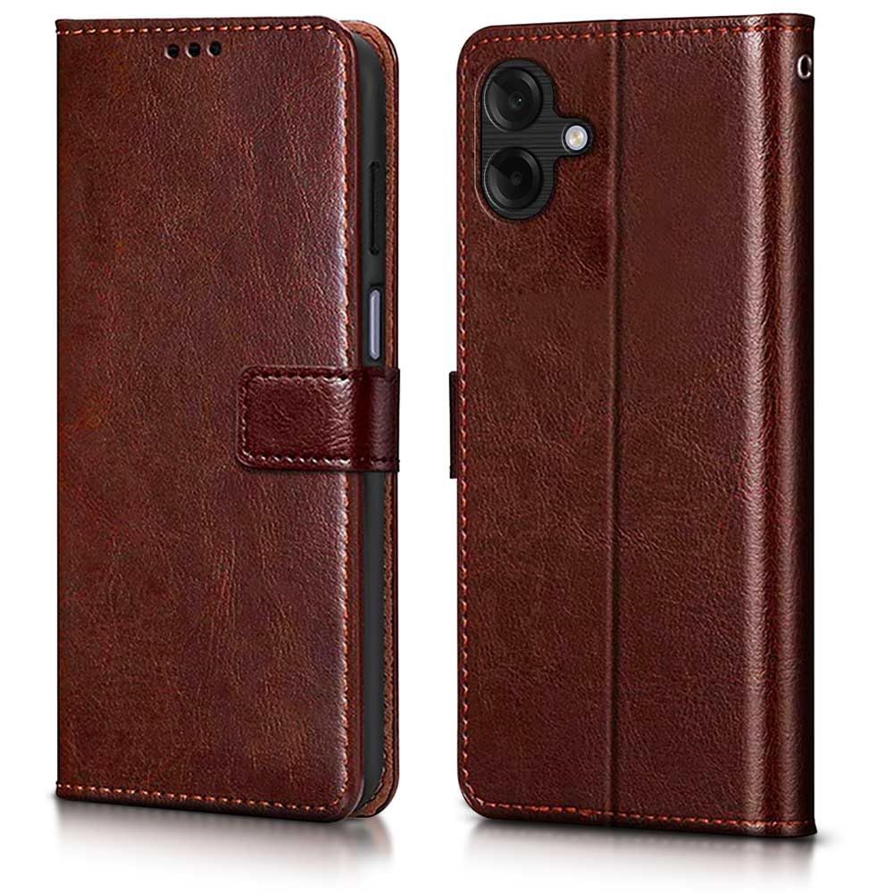 WOW IMAGINE Shock Proof Flip Cover Back Case Cover for Samsung Galaxy M17e 5G | F70e 5G | M07 | F07 | A07 | A07 5G (Flexible | Leather Finish | Card Pockets Wallet & Stand | Brown)