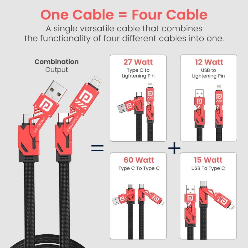 Portronics Procharge 4 60W 4-In-1 Multifunctional Fast Charging Cable With Multiple Port & Metal Zinc Alloy Head, Tangle Free Flat Cable, Type C to Type C/Lightening, USB A, Fast Data Sync (Red+Black)