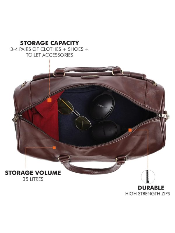 Fur Jaden Weekender Premium Duffle Bag with Shoe Pocket for Travel for Men and Women Made of Faux Leather with Attachable Shoulder Strap Cabin Holiday Bag (Brown)